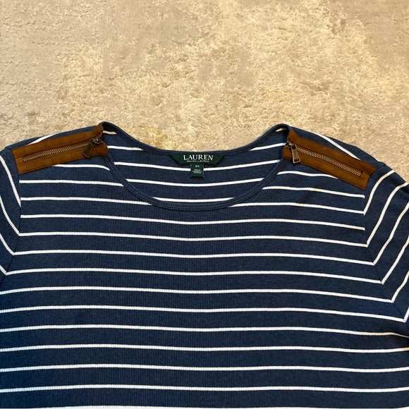 Lauren Ralph Lauren Navy & White Striped Long Sleeve Zipper Shoulder Top Size 2X - Picture 5 of 13